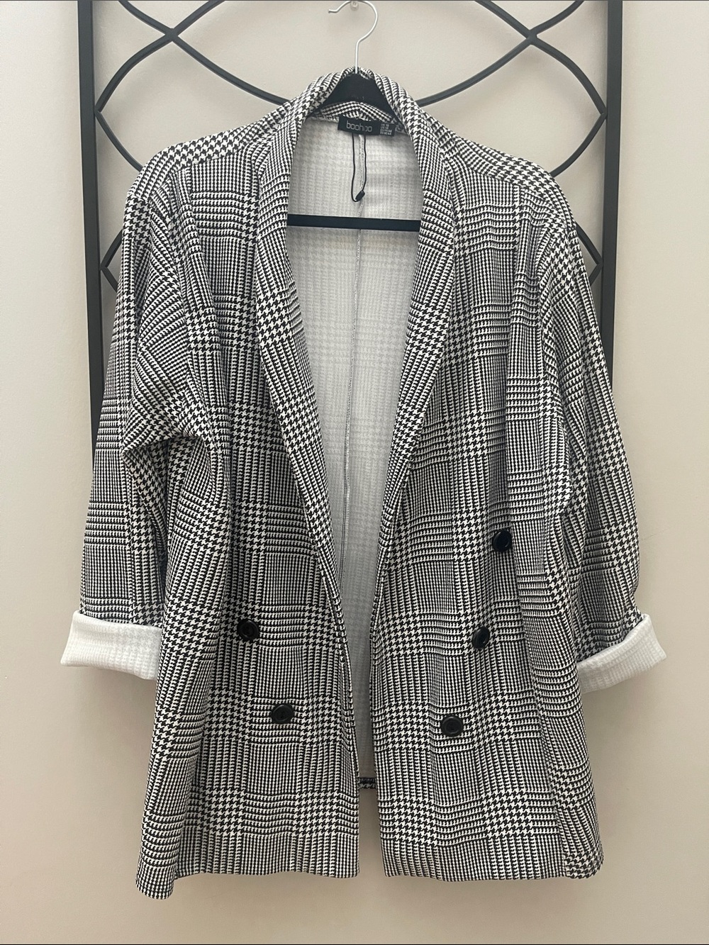 Checked Double-Breasted Blazer Jacket - Black & White
